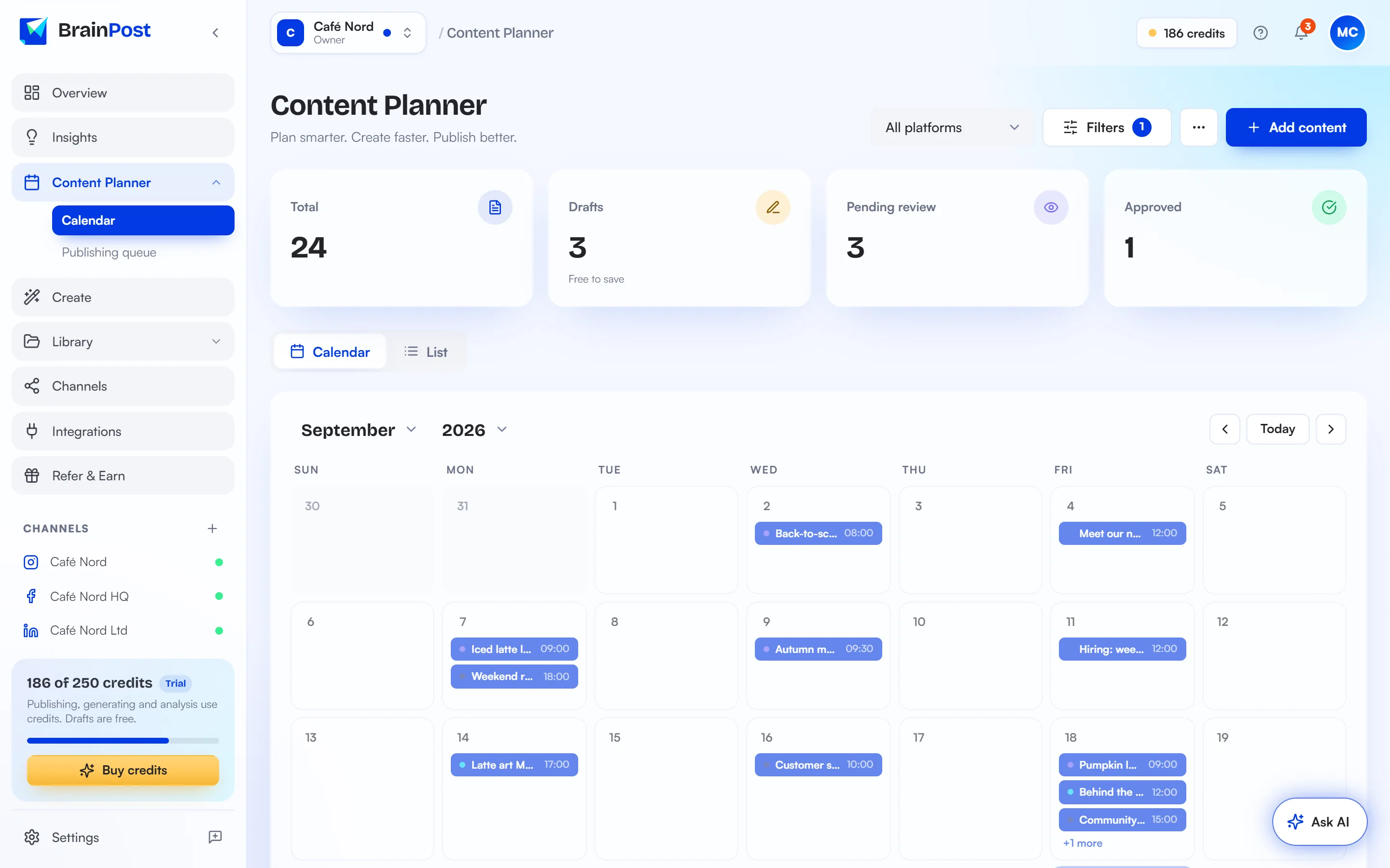 BrainPost Content Planner calendar