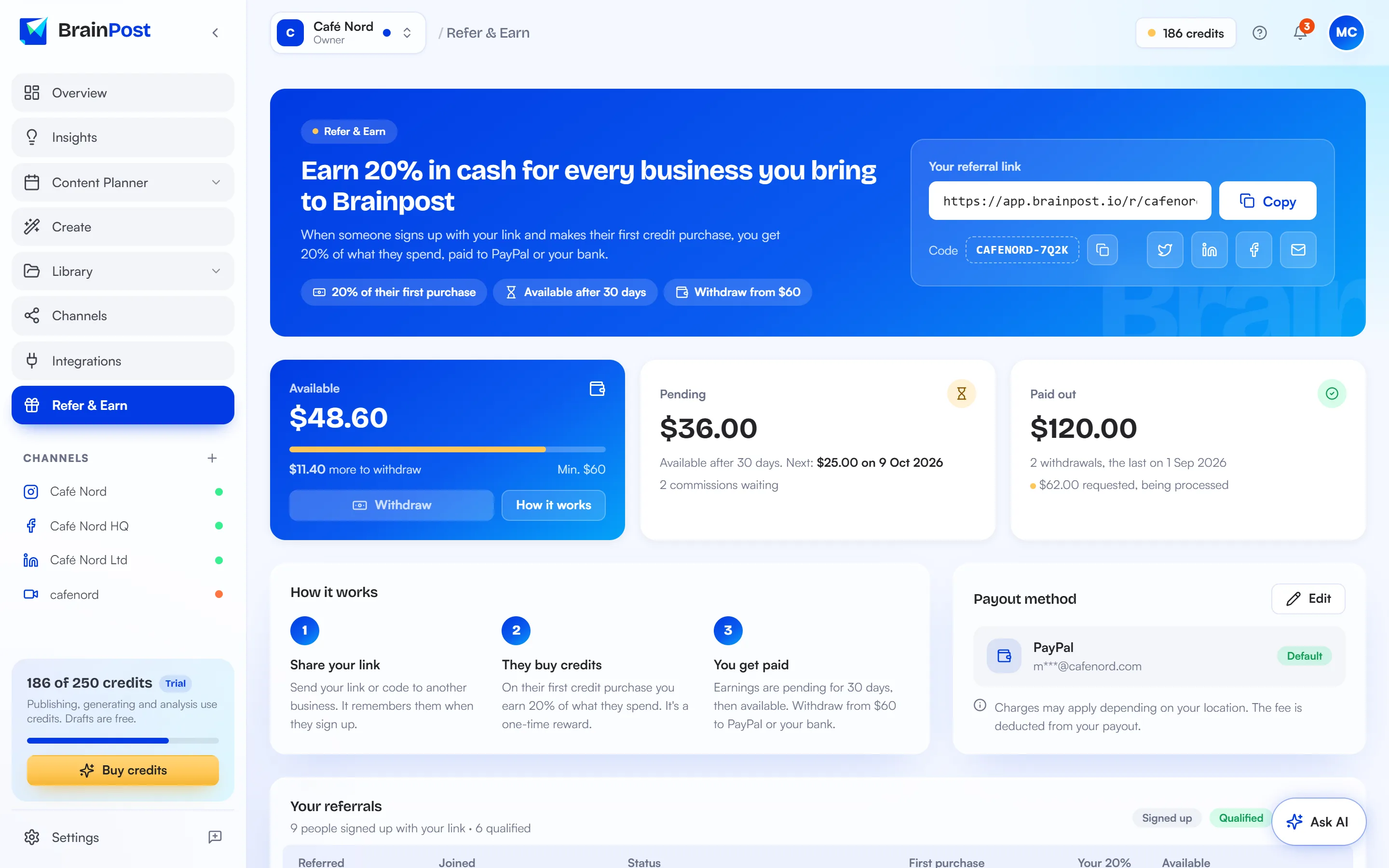The Refer & Earn page in BrainPost
